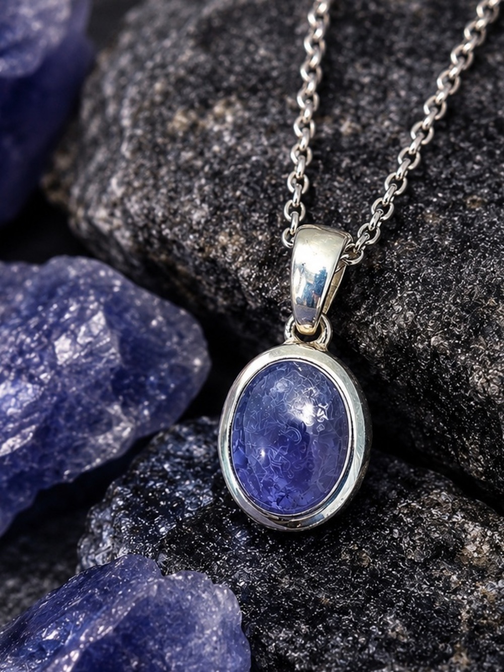 Tanzanite Cabochon Sterling Silver Pendant Necklace – Oval Bezel – Petite #535
